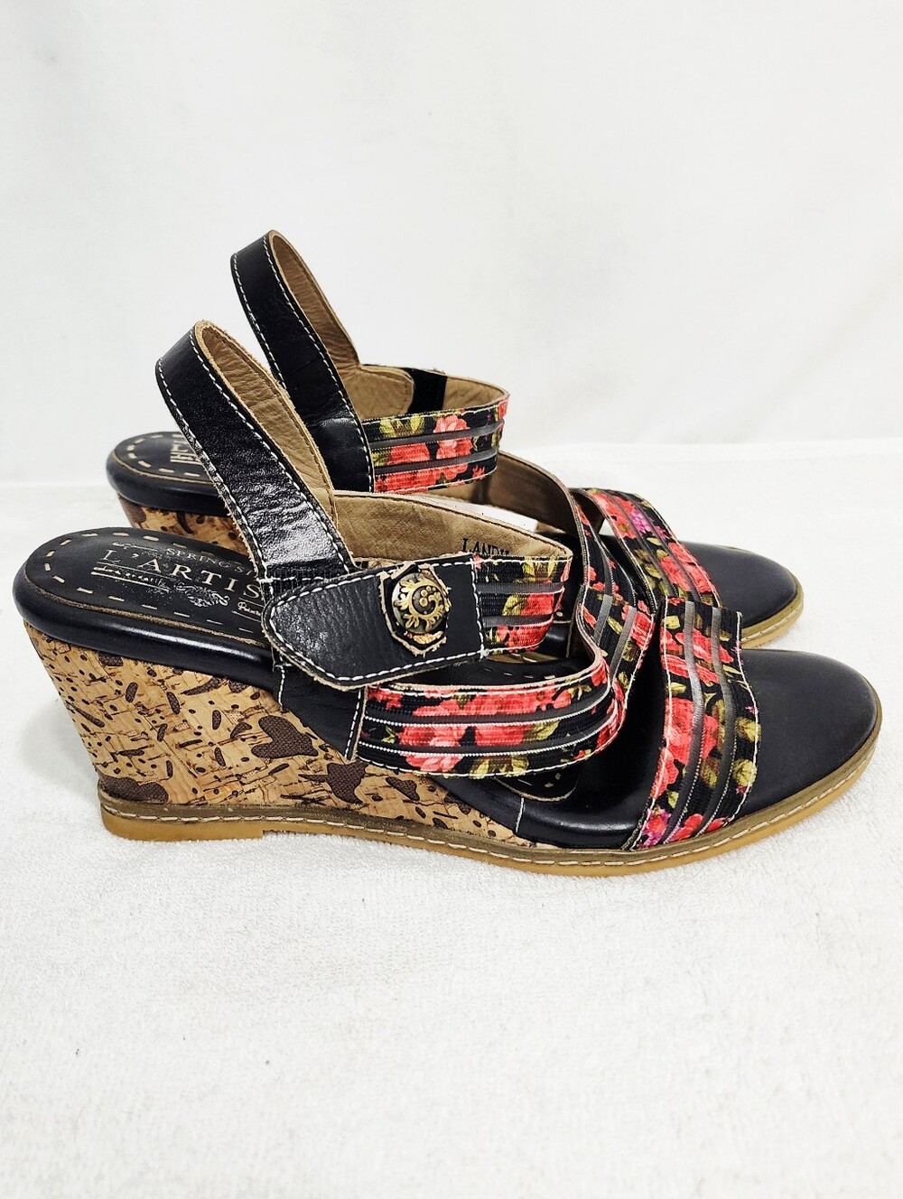 L'ARTISTE Spring Step Floral Cork Wedge Sandals Leather Strap Size 38(7.5)